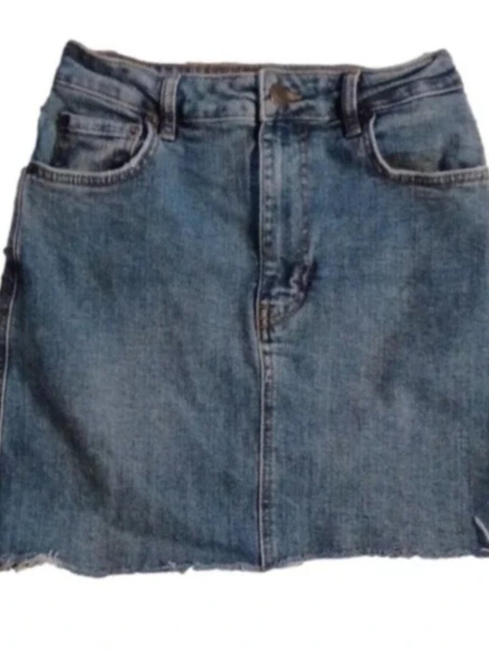 DENIM SKIRT, WOMENS SIZE XS. ZIP UP BUTTON.